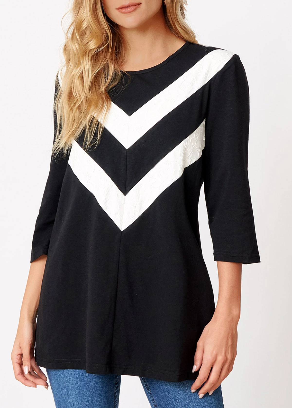 Chevron Print 3/4 Sleeve Round Neck T Shirt 1 Chevron Print 3/4 Sleeve Round Neck T Shirt