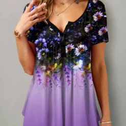 Button Detail Floral Print Short Sleeve T Shirt