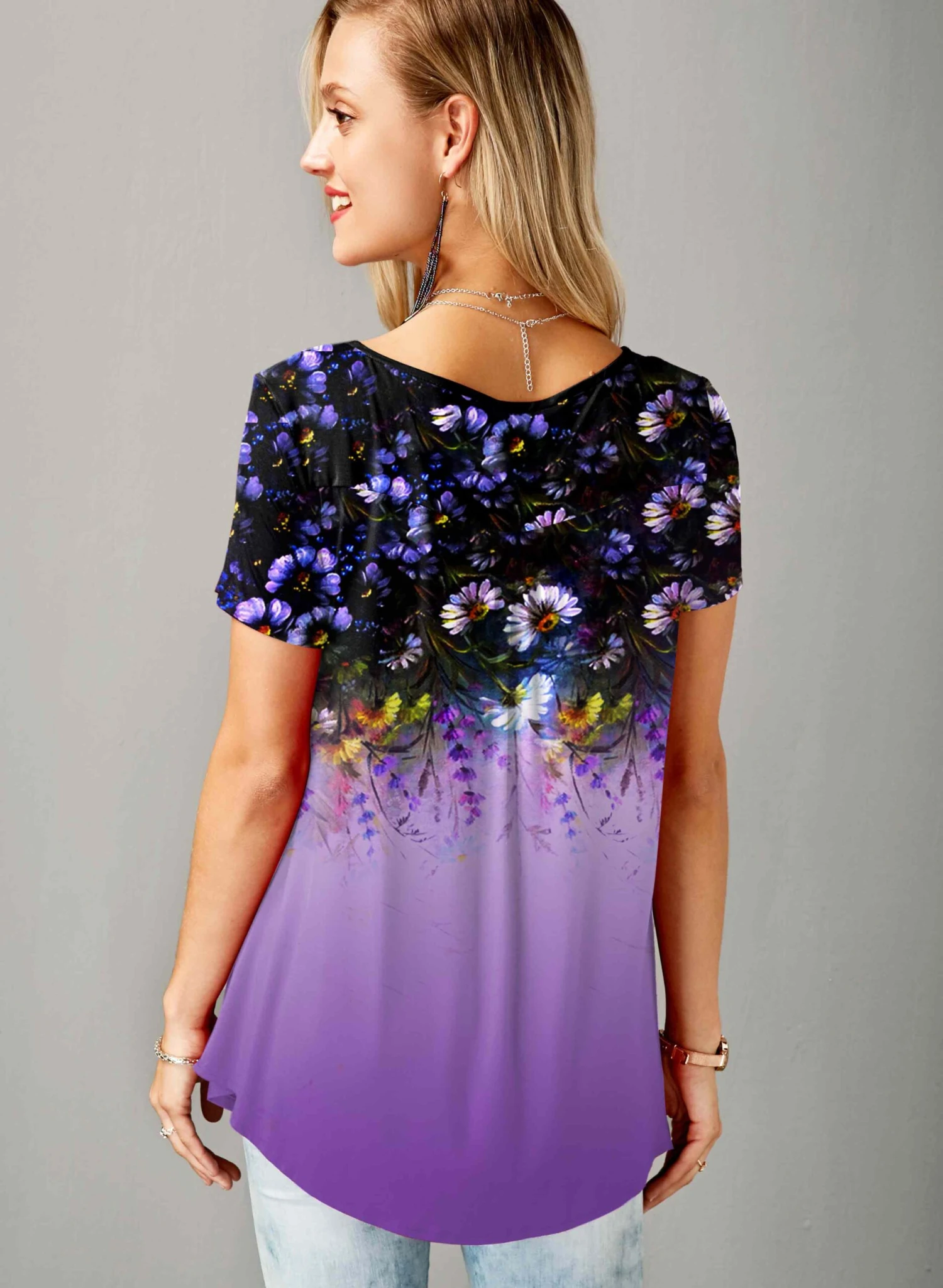 Button Detail Floral Print Short Sleeve T Shirt 3 Button Detail Floral Print Short Sleeve T Shirt - Image 3