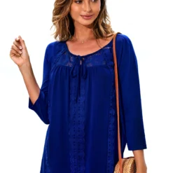 3/4 Sleeve Lace Stitching Tie Front T Shirt 7 3/4 Sleeve Lace Stitching Tie Front T Shirt -Rosewe Online Store 277490 P 16285849711443