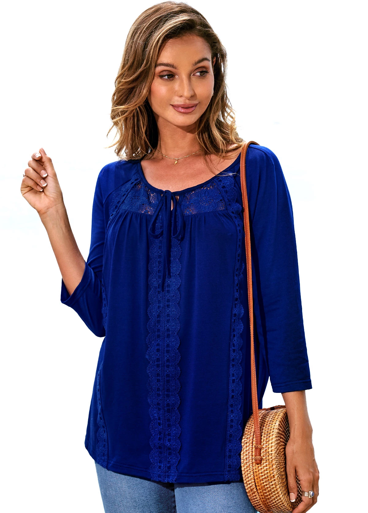 3/4 Sleeve Lace Stitching Tie Front T Shirt 4 3/4 Sleeve Lace Stitching Tie Front T Shirt - Image 4