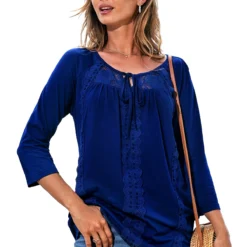 3/4 Sleeve Lace Stitching Tie Front T Shirt 6 3/4 Sleeve Lace Stitching Tie Front T Shirt -Rosewe Online Store 277490 P 16285849716432