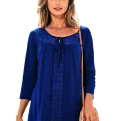 3/4 Sleeve Lace Stitching Tie Front T Shirt