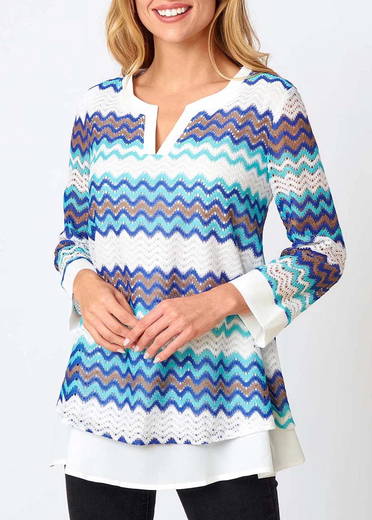 Split Neck Layered Hem Chevron Print Blouse 4 Split Neck Layered Hem Chevron Print Blouse - Image 4