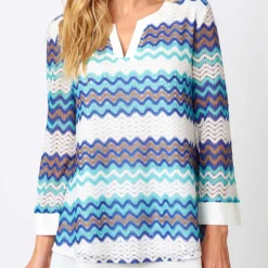 Split Neck Layered Hem Chevron Print Blouse