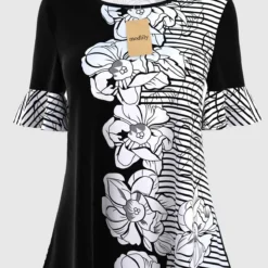 Short Sleeve Stripe And Floral Print Round Neck T Shirt