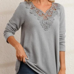 Lace Patchwork V Neck Grey T Shirt