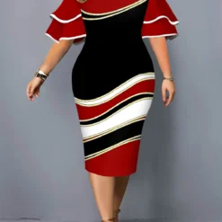 Layered Bell Sleeve Geometric Print Plus Size Dress