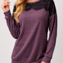 Lace Panel Long Sleeve Purple T Shirt