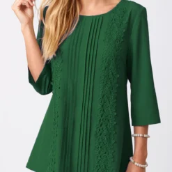 Solid Lace Stitching Crinkle Chest Round Neck Blouse