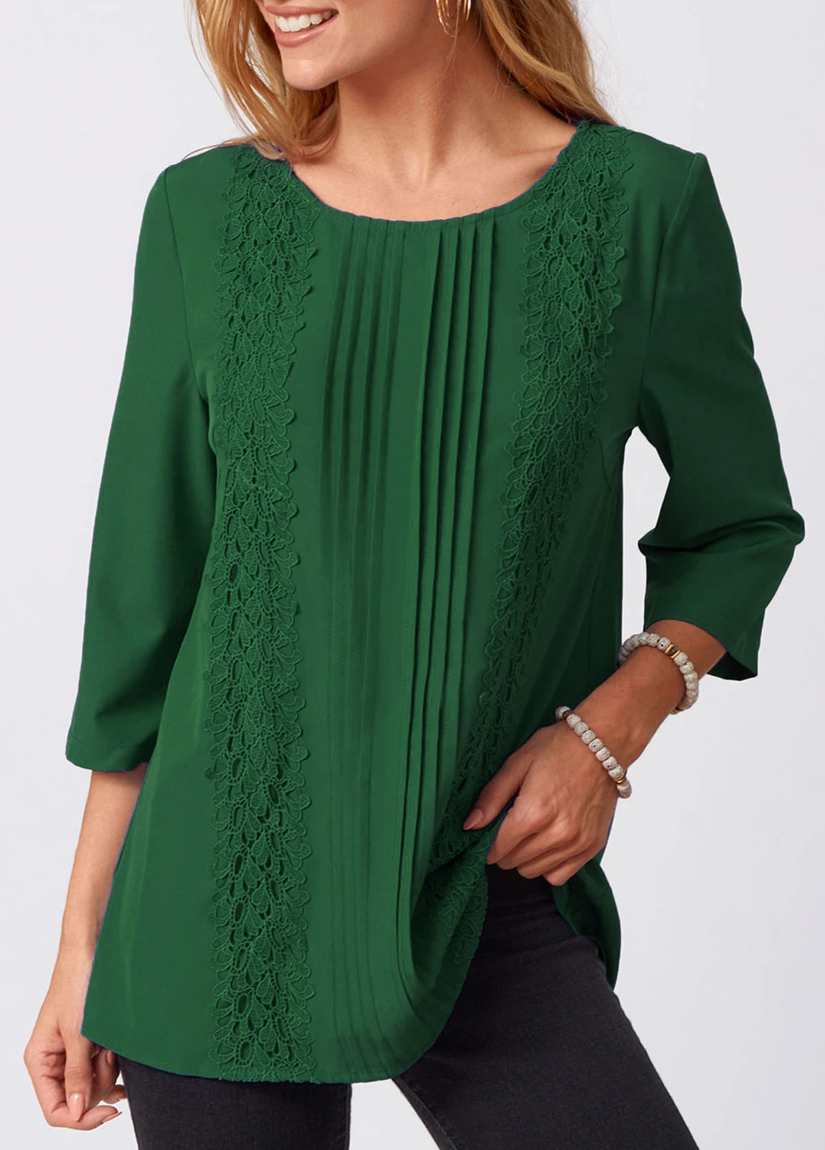 Solid Lace Stitching Crinkle Chest Round Neck Blouse 4 Solid Lace Stitching Crinkle Chest Round Neck Blouse - Image 4