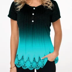Lace Hem Button Detail Gradient T Shirt