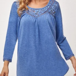 Lace Stitching Blue Round Neck T Shirt