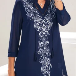 Tribal Print Navy Blue Split Neck Blouse