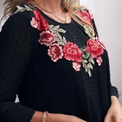 Flower Applique Black 3/4 Sleeve Round Neck Blouse -Rosewe Online Store 289130 P 16383277360022