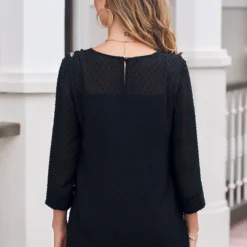 Flower Applique Black 3/4 Sleeve Round Neck Blouse -Rosewe Online Store 289130 P 16383277360033