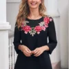 Flower Applique Black 3/4 Sleeve Round Neck Blouse