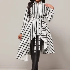 Asymmetric Hem Striped Belted Color Block Blouse