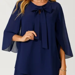 Crossover Hem Bowknot Navy Blue Blouse