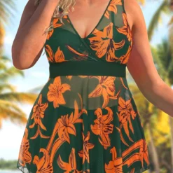 Olive Green Floral Print Plus Size Swimdress And Shorts