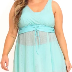 Cyan Plus Size Drawstring Detail Swimdress And Shorts