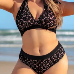 Black Plus Size Lace Mid Waist Bikini Set