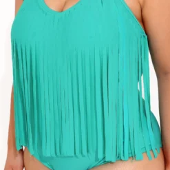 Cyan Tassel Plus Size Halter One Piece Swimwear -Rosewe Online Store 292435 P 16412853286464