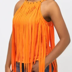 Orange Bib Neck Tassel Sleeveless Tank Top