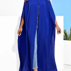 Geometric Print Front Slit Royal Blue Off Shoulder Blouse