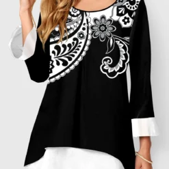 Black Paisley Print Layered Hem Blouse