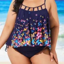 Navy Blue Plus Size Spaghetti Strap Tankini Set