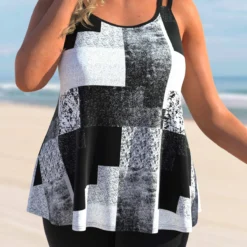 Black Geometric Print Plus Size Tankini Top-No Bottom