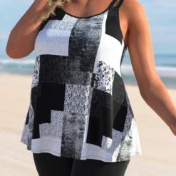 Black Geometric Print Plus Size Tankini Top-No Bottom -Rosewe Online Store 296833 P 1642747142315