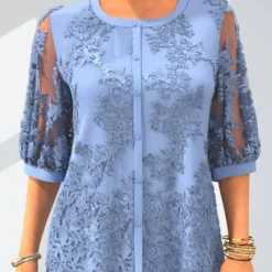 3/4 Sleeve Button Up Embroidered Light Blue Blouse