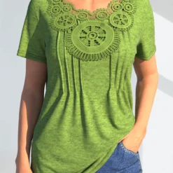 Lace Stitching Crinkle Chest Light Green T Shirt