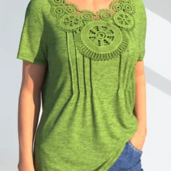 Lace Stitching Crinkle Chest Light Green T Shirt -Rosewe Online Store 298690 P 1648187069669