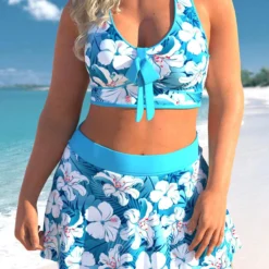 Cyan Plus Size Floral Print High Waisted Bikini Set