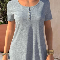 Button Detail Short Sleeve Grey Marl T Shirt