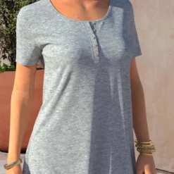 Button Detail Short Sleeve Grey Marl T Shirt -Rosewe Online Store 300719 P 1648027338339