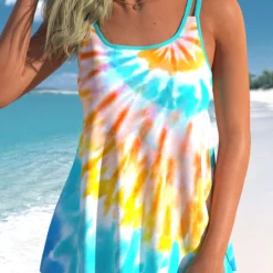 Cyan Plus Size Tie Dye Print Tankini Set 9 Cyan Plus Size Tie Dye Print Tankini Set -Rosewe Online Store 300748 P 1647499846478