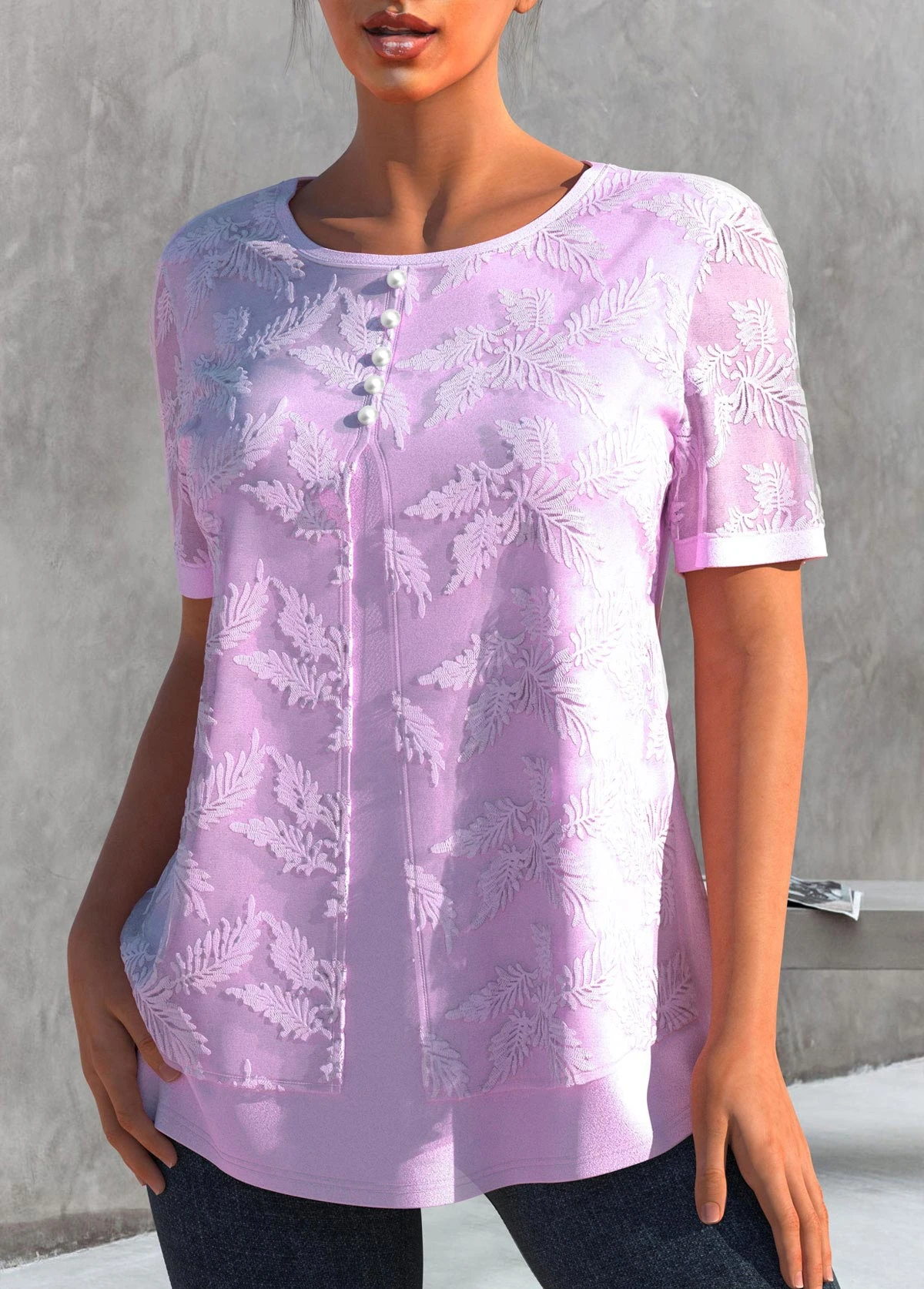 Light Pink Embroidered Faux Two Piece T Shirt 3 Light Pink Embroidered Faux Two Piece T Shirt - Image 3