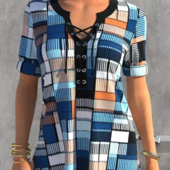 Geometric Print Lace Up Color Block Split Neck Blouse