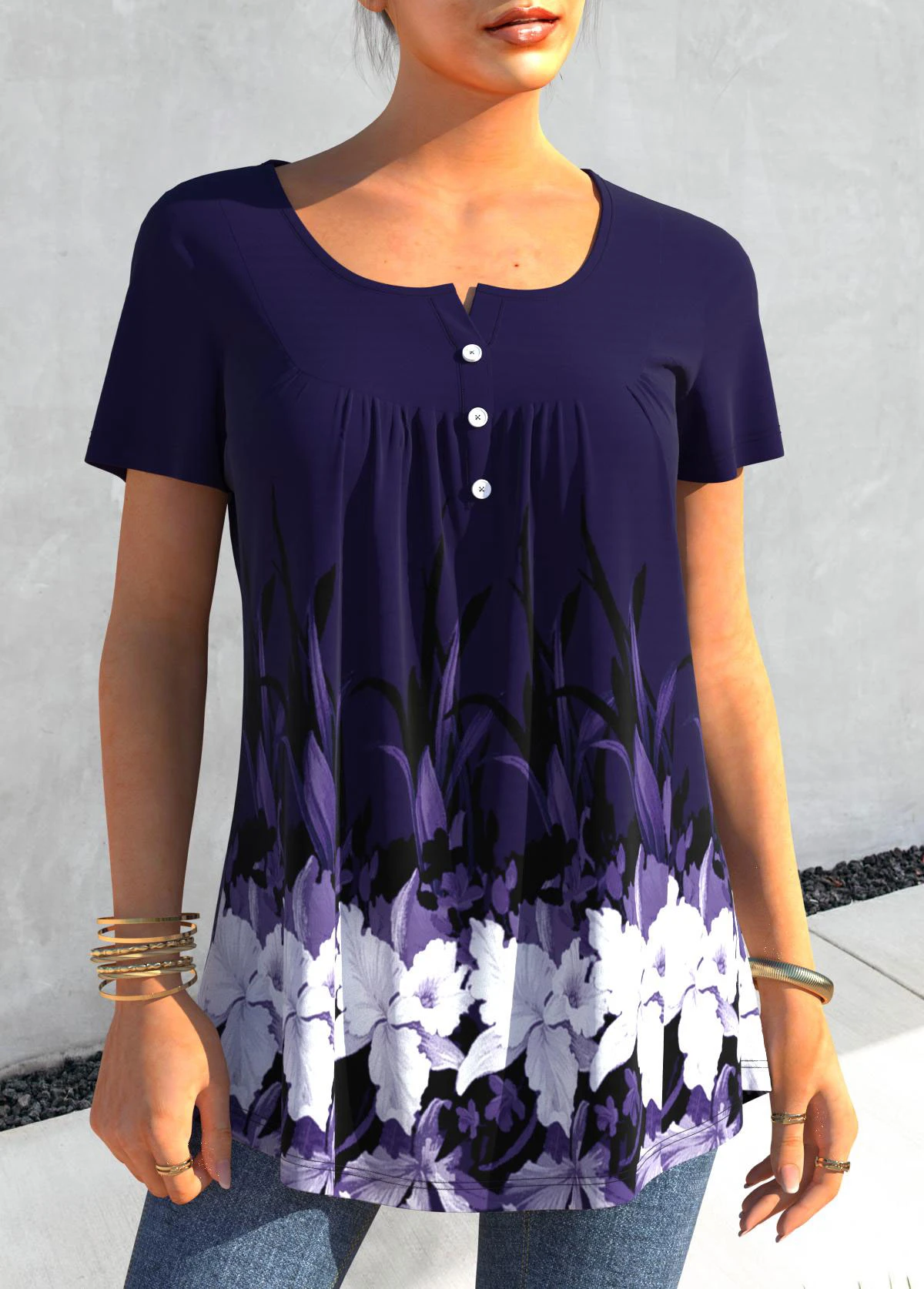 Purplish Blue Floral Print Short Sleeve T Shirt 3 Purplish Blue Floral Print Short Sleeve T Shirt - Image 3