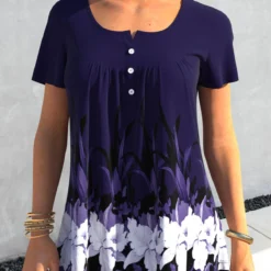 Purplish Blue Floral Print Short Sleeve T Shirt