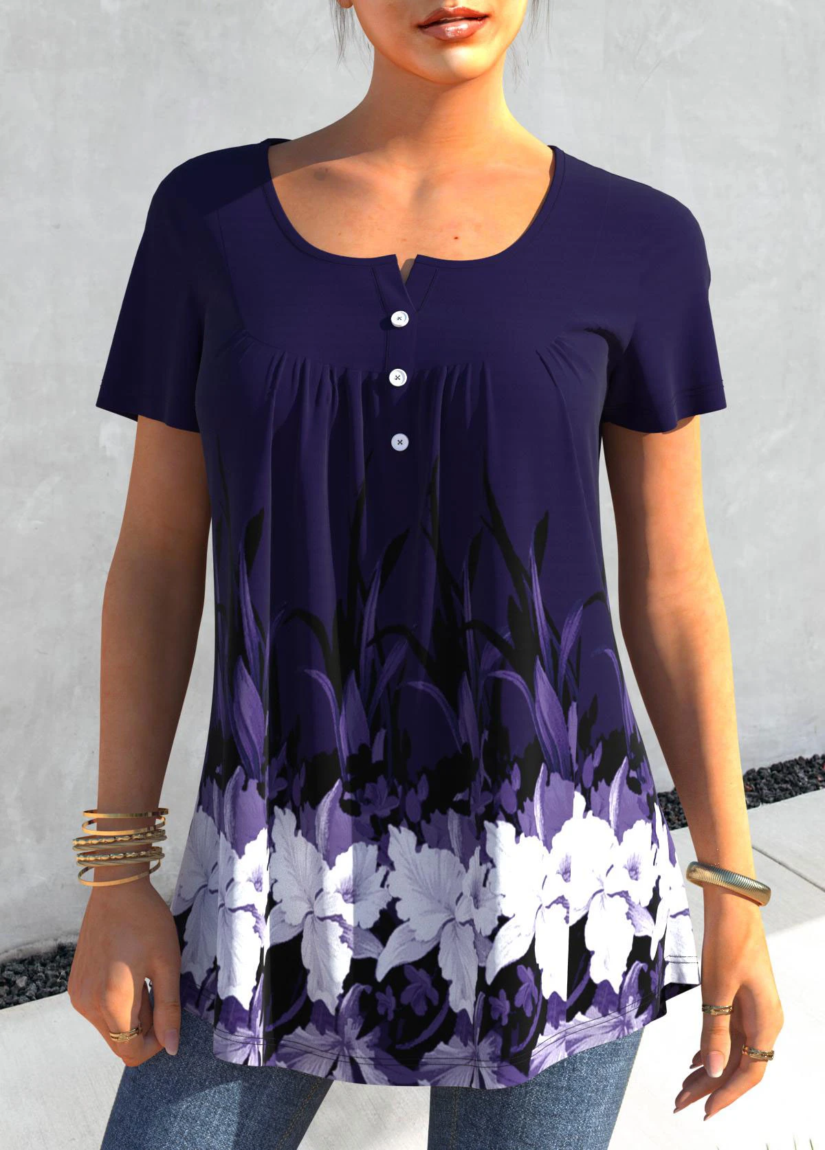 Purplish Blue Floral Print Short Sleeve T Shirt 1 Purplish Blue Floral Print Short Sleeve T Shirt
