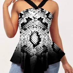 Ombre Animal Pattern Asymmetric Hem Black T Shirt