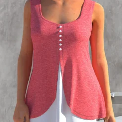 Faux Two Piece Decorative Button Pink Tank Top