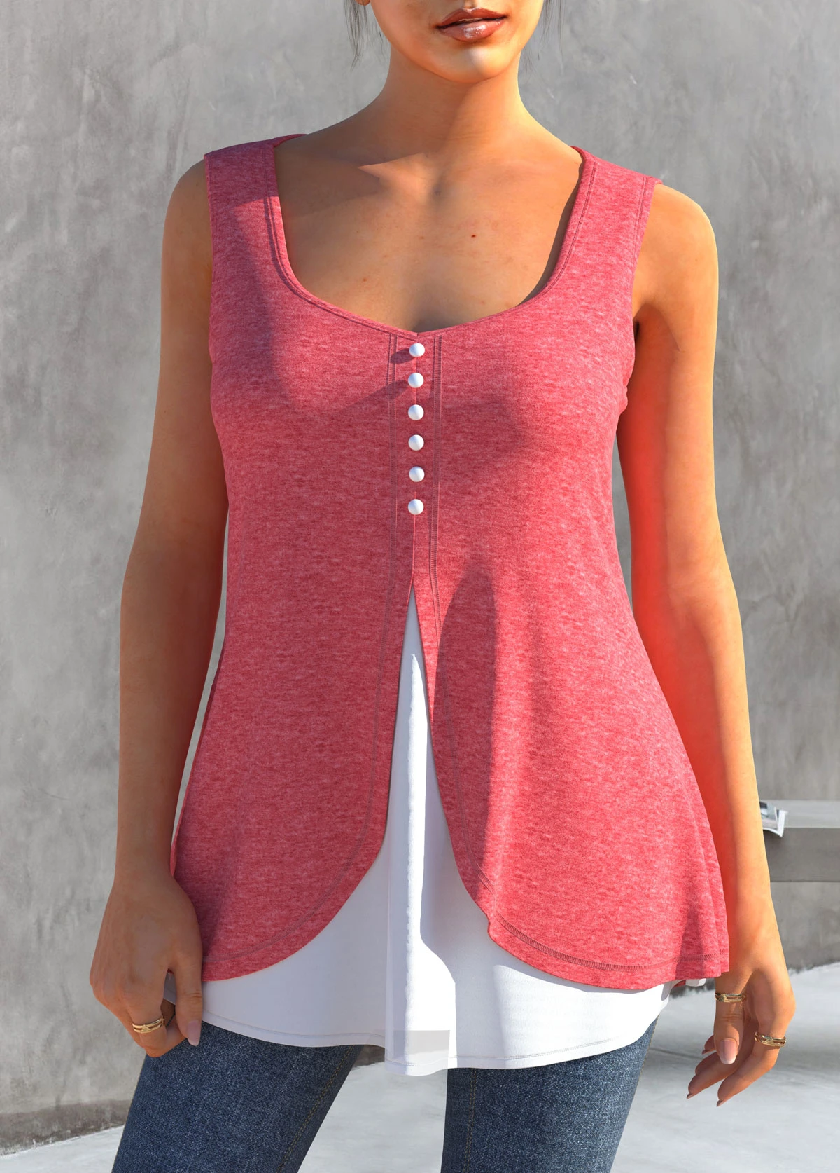 Faux Two Piece Decorative Button Pink Tank Top 1 Faux Two Piece Decorative Button Pink Tank Top