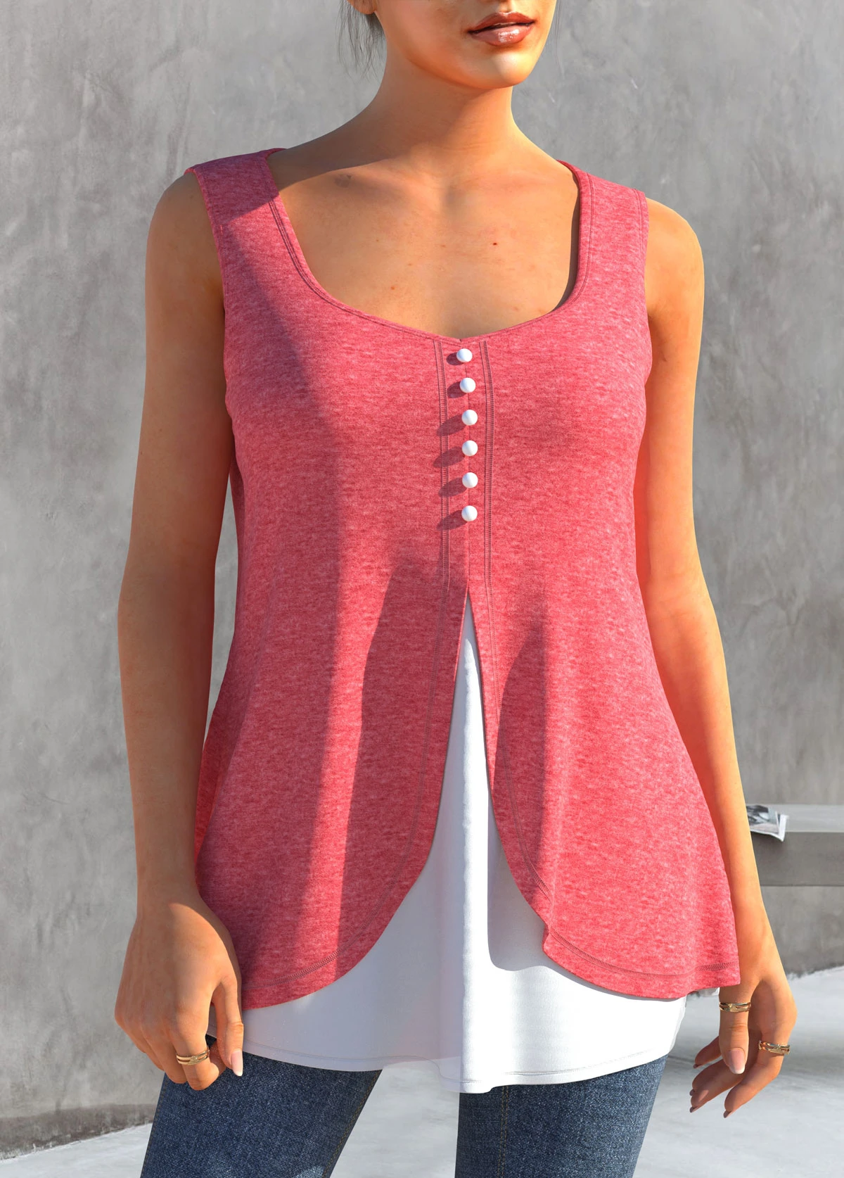 Faux Two Piece Decorative Button Pink Tank Top 3 Faux Two Piece Decorative Button Pink Tank Top - Image 3