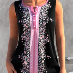 Floral Print Black Split Neck Tank Top